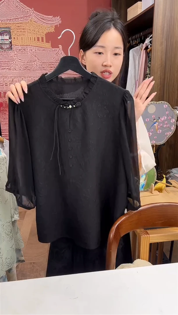 刺绣M 黑色桑蚕丝衬衫8K019