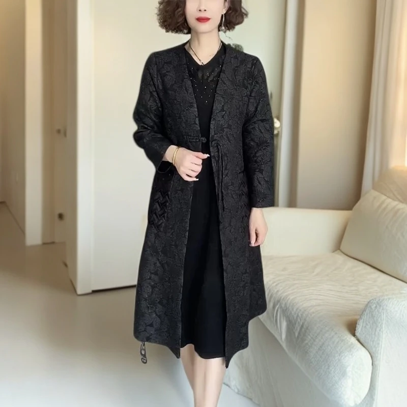 80115复古外套高档大气春秋新款国风大口袋阔太太黑色中长款风衣