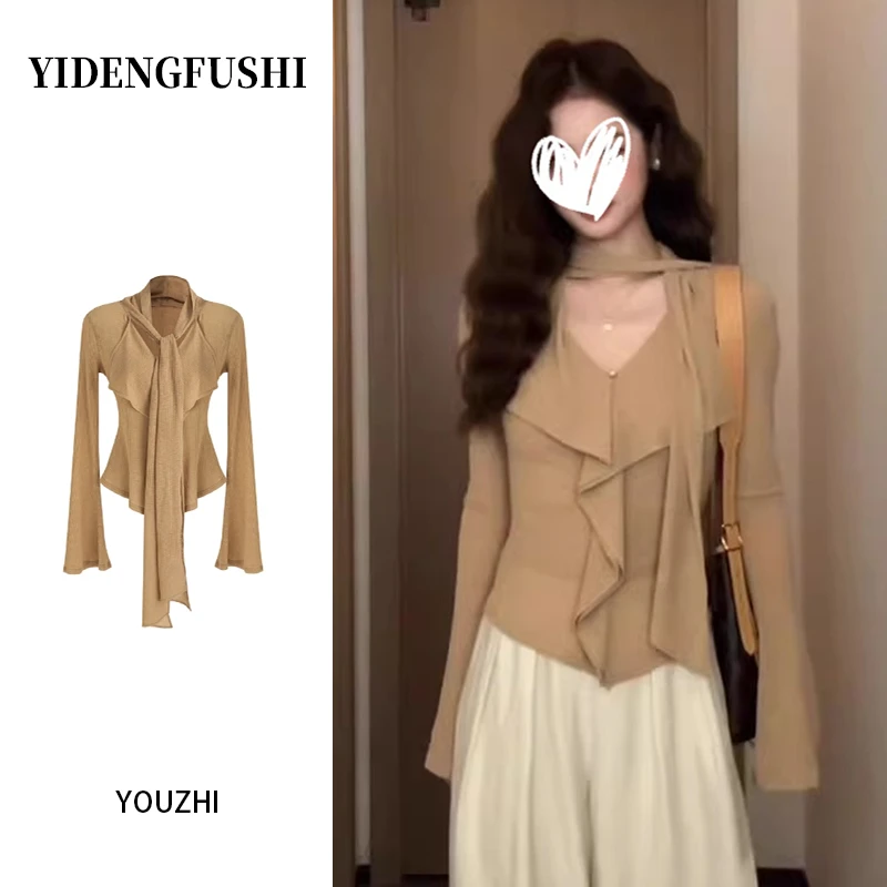 YIDENG2025秋季独特飘带长袖女法式复古绝美荷叶边百搭显瘦上衣