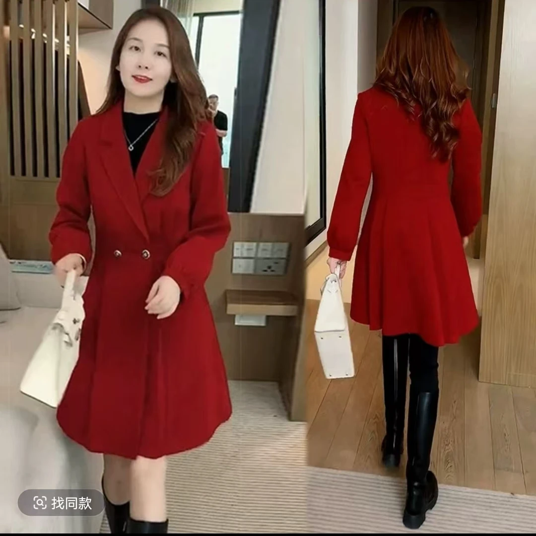 时尚修身春秋新款高级感收腰中长款毛呢大衣外套7046#