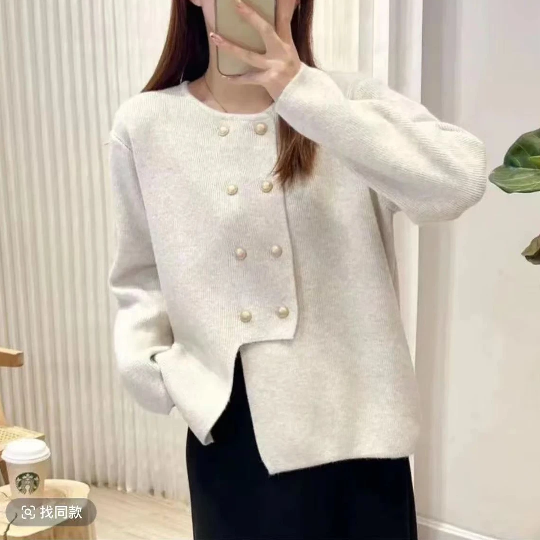 A178秋款双排扣小香风纯色针织开衫