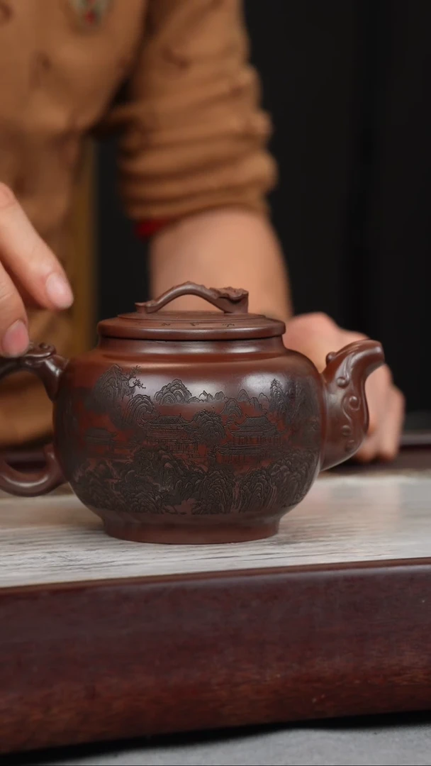 【闪购商品】紫砂茶壶石红 如意鼓壶 刻绘