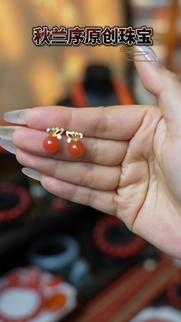 银S925镶嵌南红玛瑙耳饰原矿耳饰