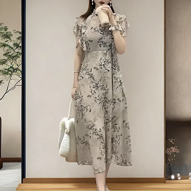 新中式国风夏季新款气质水墨画盘扣优雅中长款显瘦裙子连衣裙女装