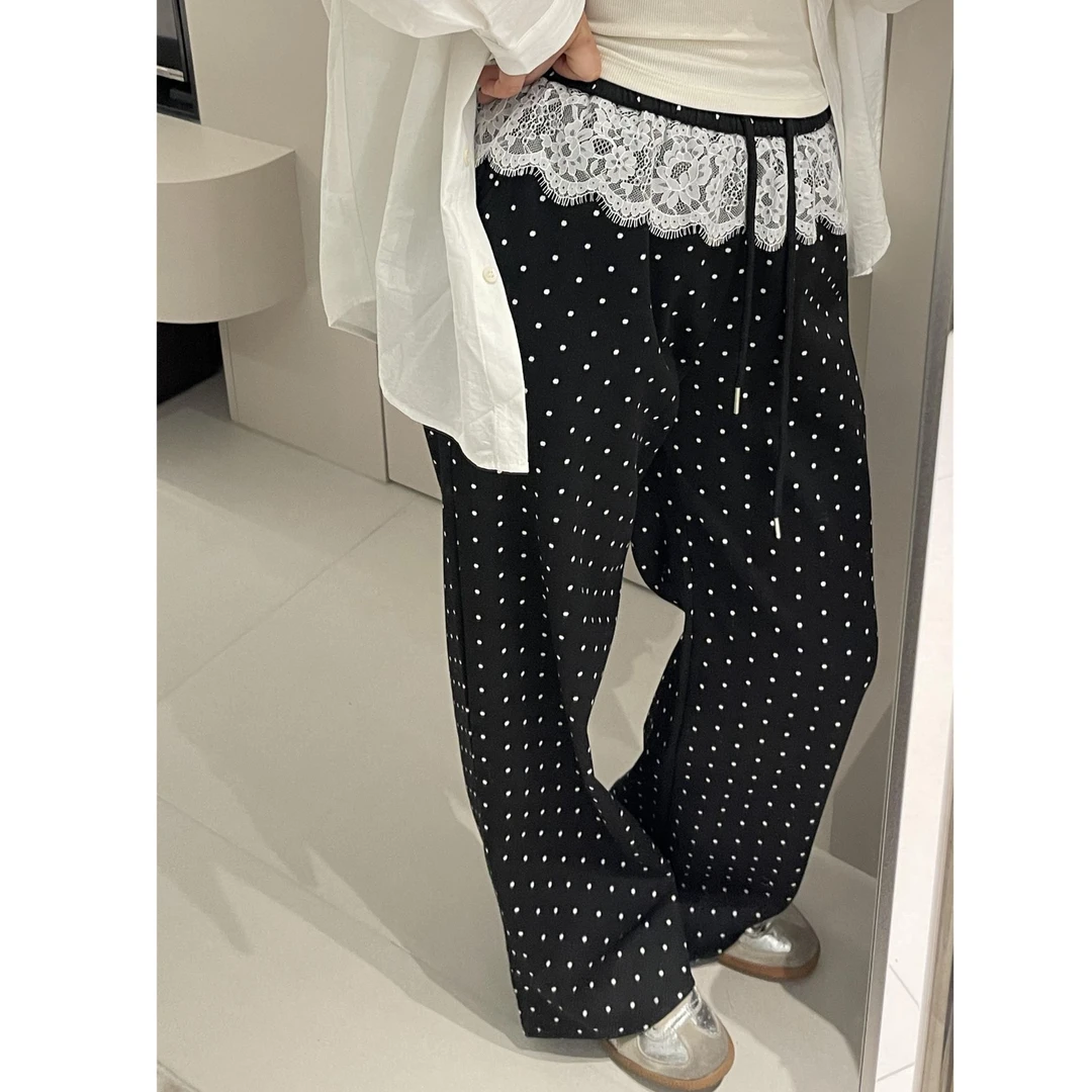 东大门韩系高腰拼接蕾丝花边抽绳直筒长裤裤波点休闲阔腿裤春季