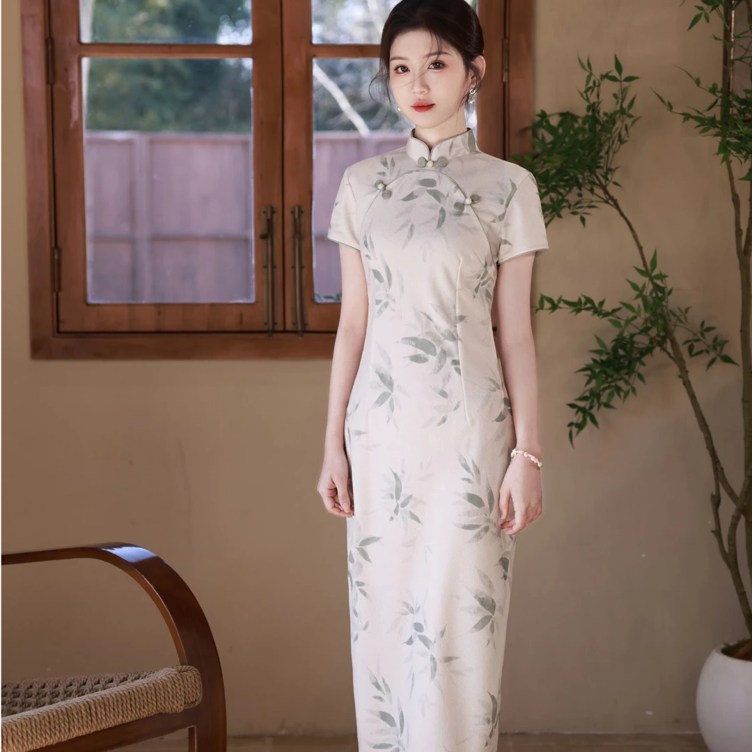 【风清余】2025春款新出炉斜纹锻竹叶节节高升气质优雅显瘦修身旗袍