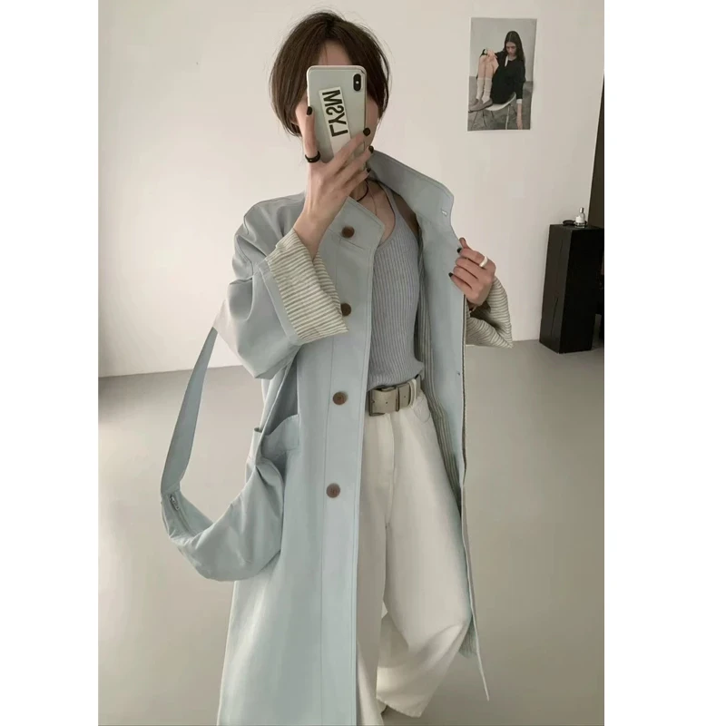 6601-【同色包包】新款风衣2025立领单排扣条纹翻袖中长款风衣外套