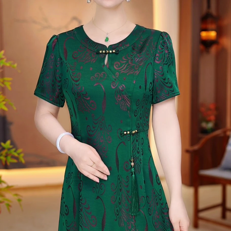 2025夏季新款大码遮肉显瘦改良旗袍裙子中老年短袖妈妈装连衣裙