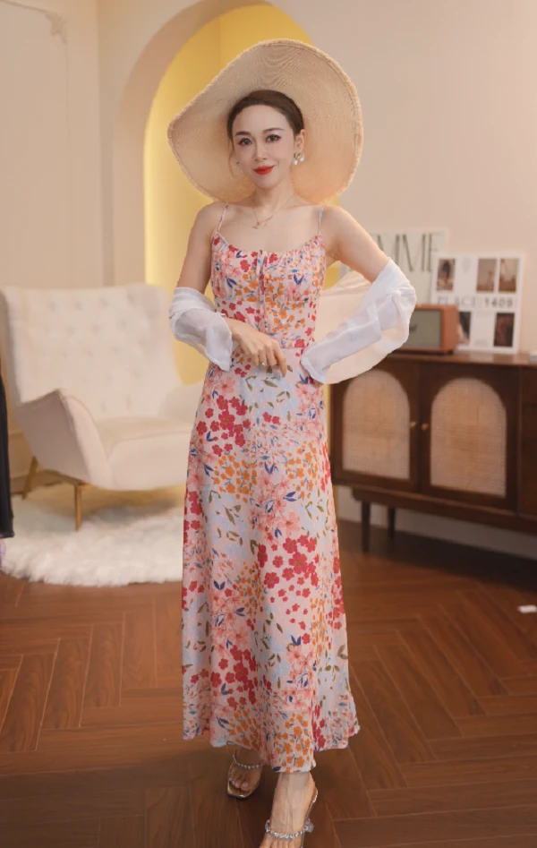 G490 法式浮生若梦繁花晕染显瘦吊带裙 ZJ