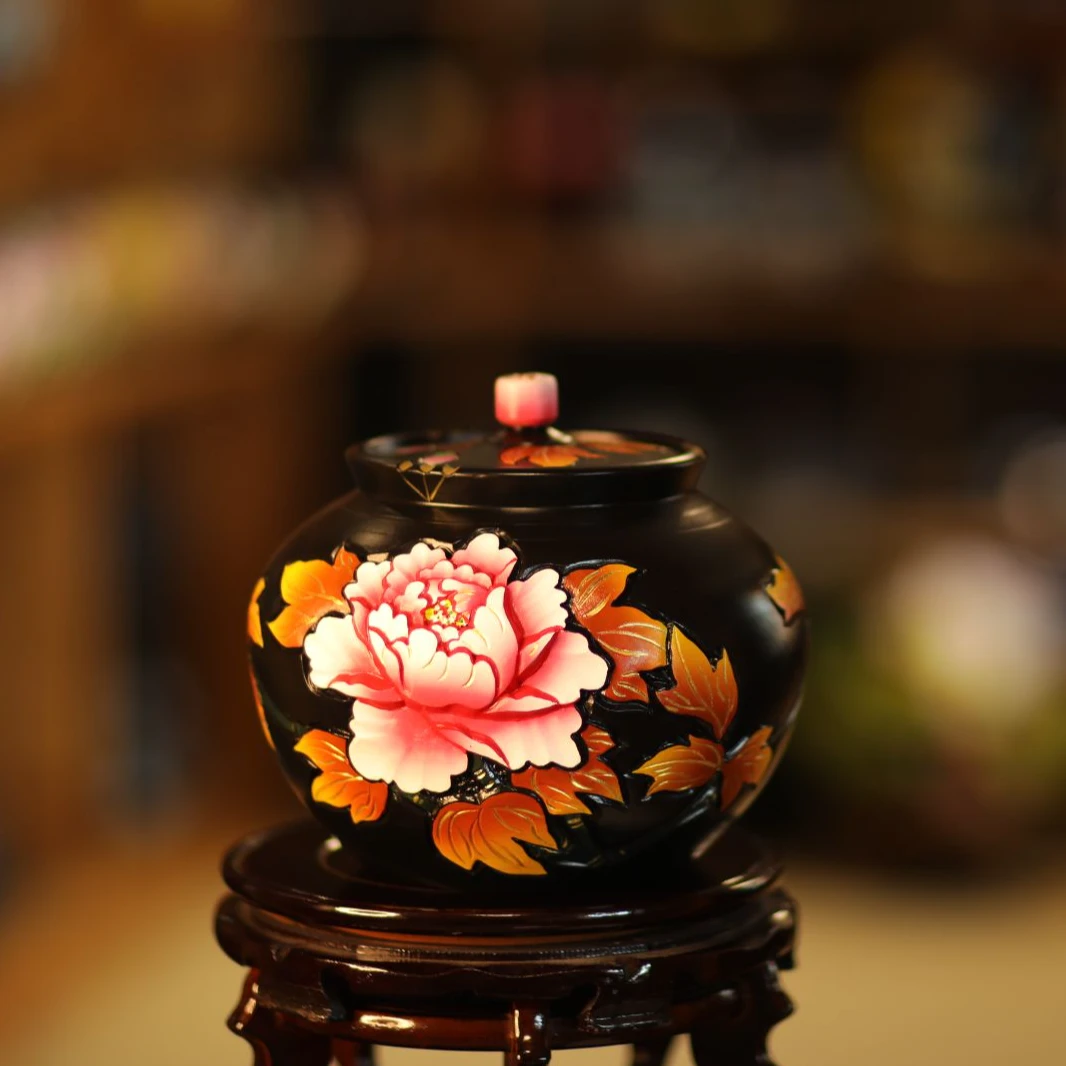 云南省级非遗黑陶茶叶罐 小号牡丹花茶叶罐 镇沅南丘黑陶