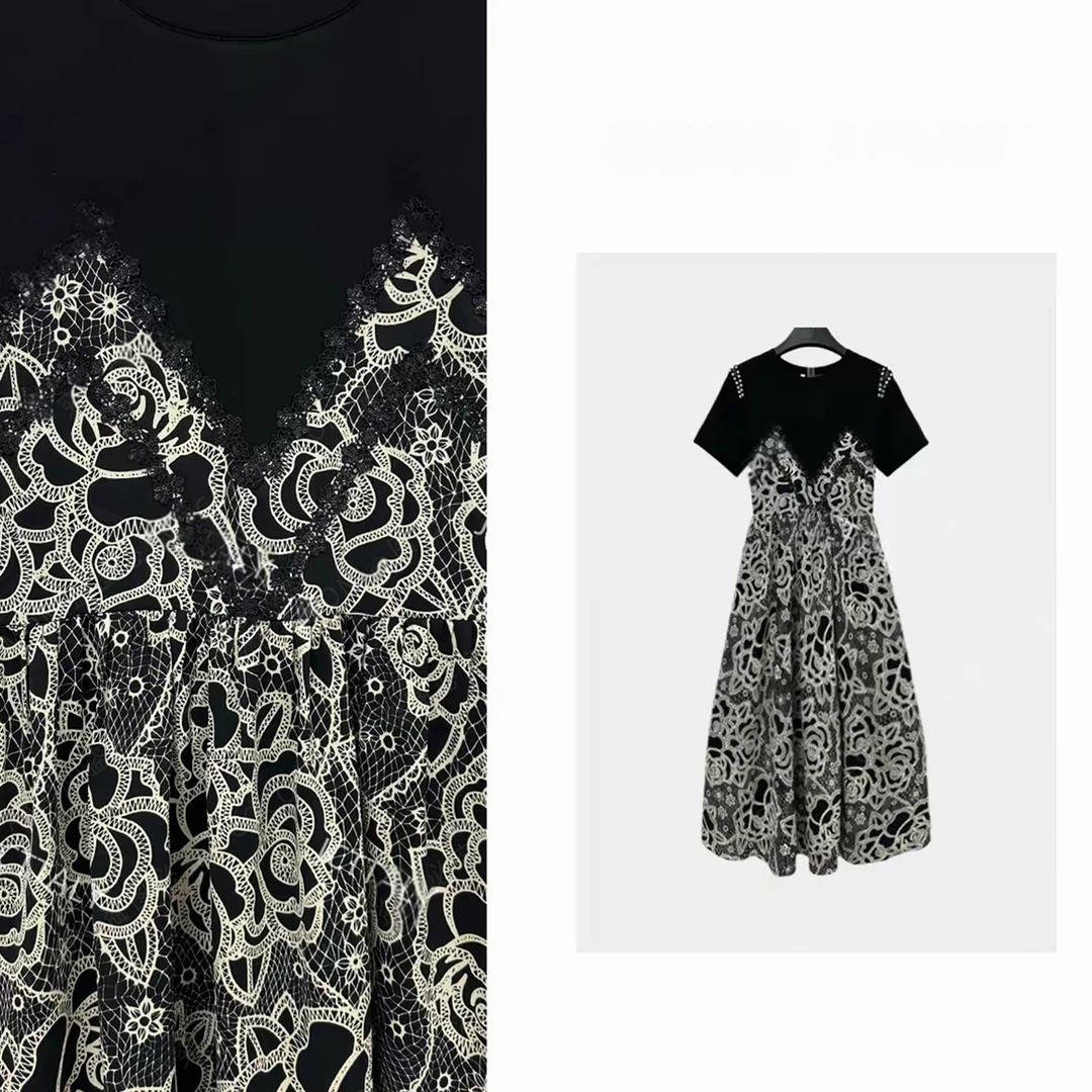 设计师夏日女装拼接重工假两件设计显瘦气质连衣裙