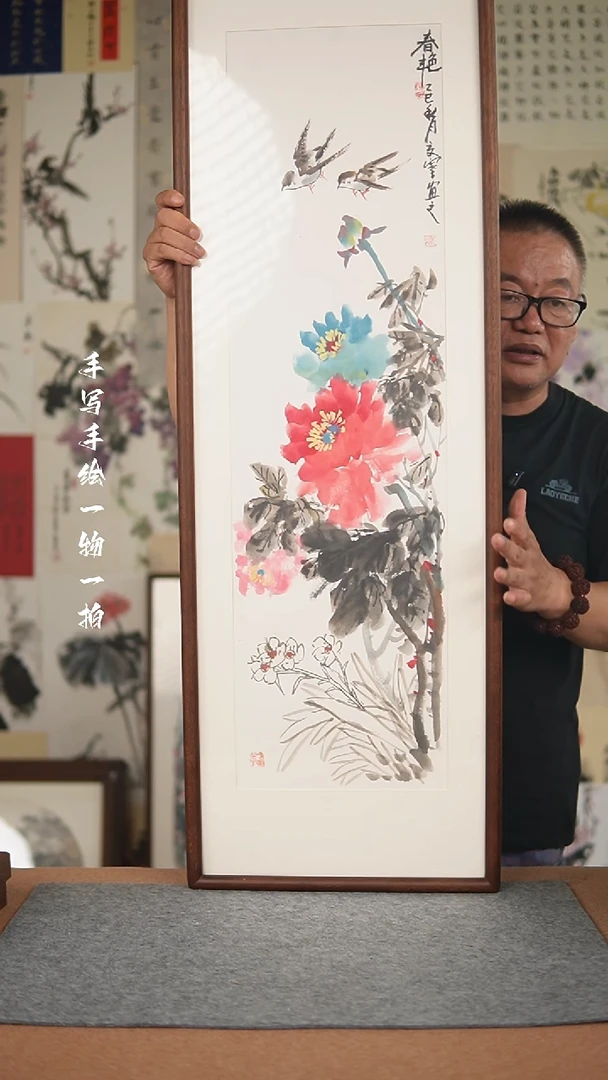 国画手绘-40*120实木框花鸟