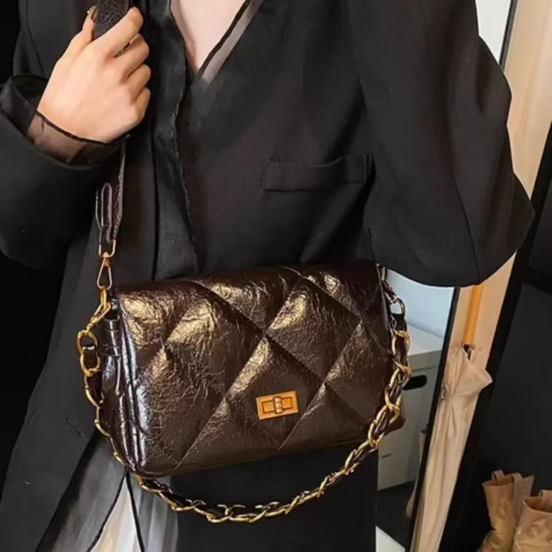 2025新款光板油蜡皮链条包流浪包单肩斜挎包小香风