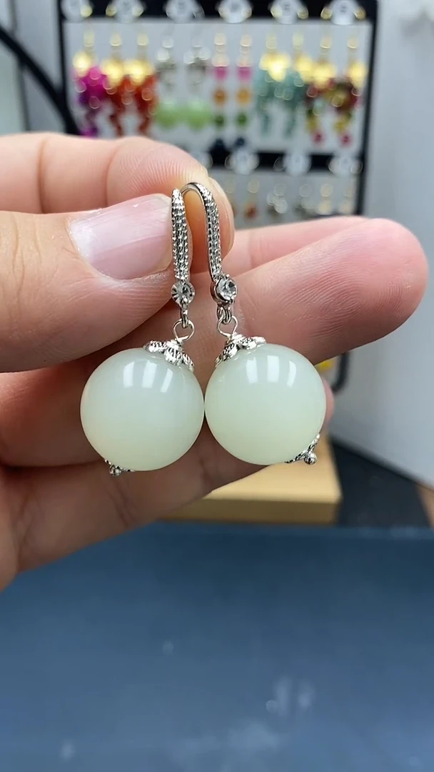 和田玉银S925镶嵌耳饰尺寸16mmW1