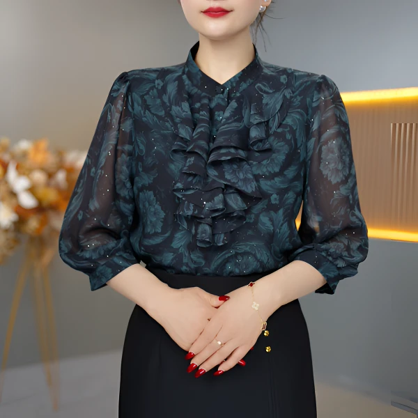 M【暗香浮影】新款中袖洒银轻奢衬衫夏季高端气质衬衫0409-1B