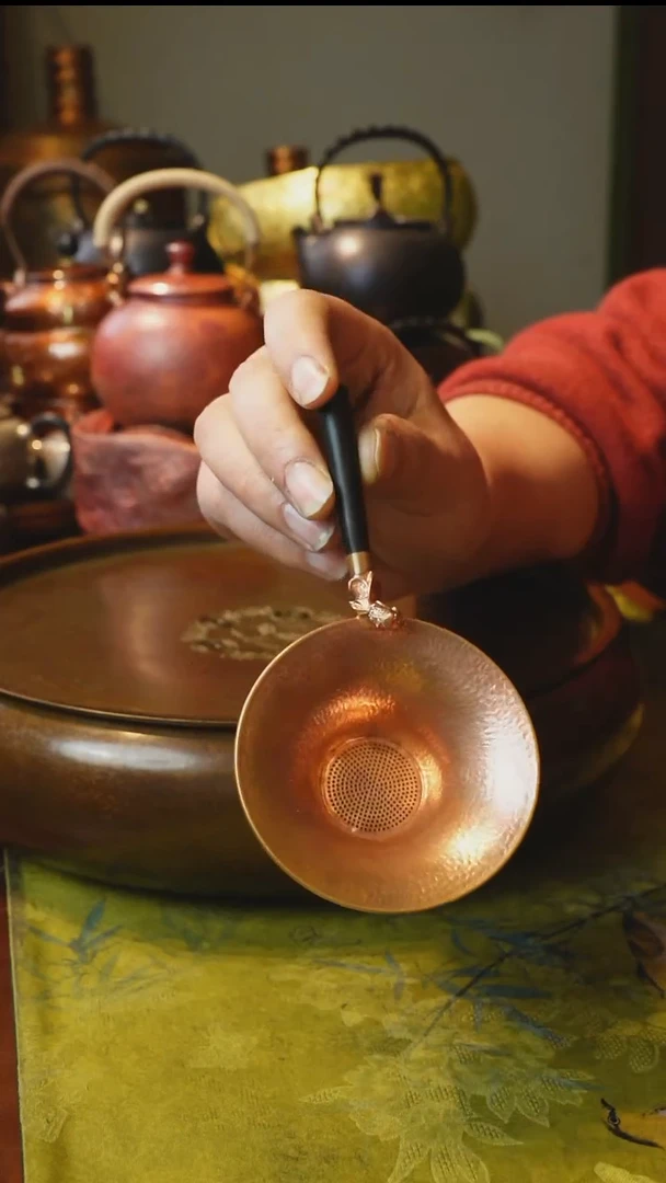 孞*㐑纯紫铜实木柄茶漏