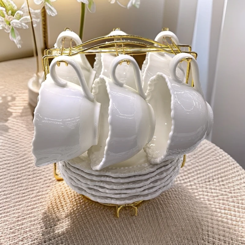 杯碟6件套 法式咖啡杯 陶瓷茶杯 纯白色简约家用