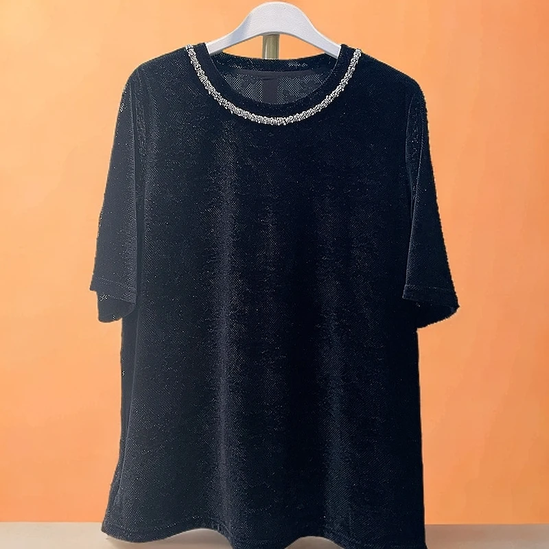 胖人坊/2025春装新款弹力植绒显瘦圆领小衫 4560