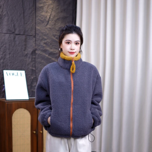 【立领拼色】冬季新款立领拼色设计休闲时尚百搭宽松加绒加厚外套女