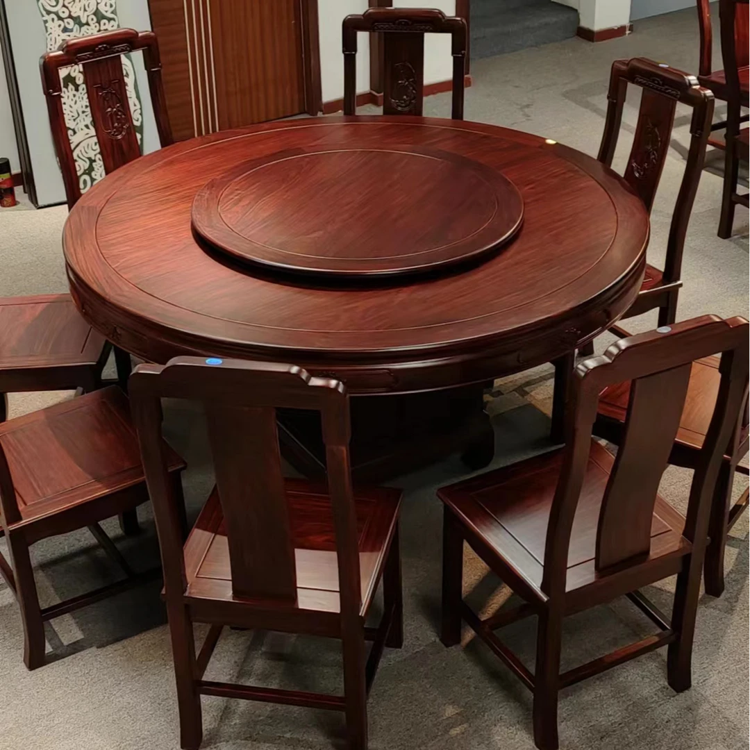 1米58如意圆餐桌椅带转盘圆形实木家用古典圆台吃饭桌榫卯工艺