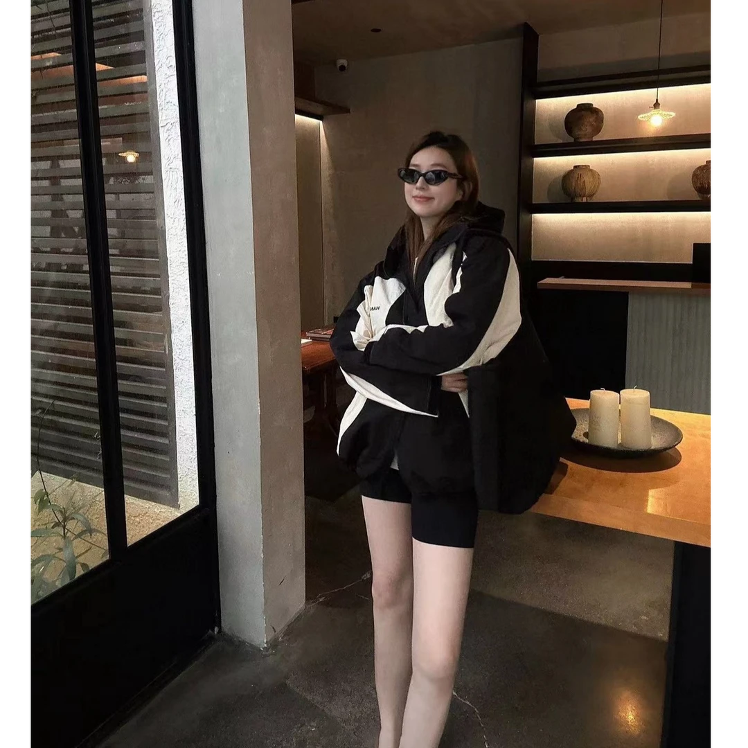 AF初沫 7818 连帽冲锋衣长袖街头女短外套上衣撞色拼接潮网红外套
