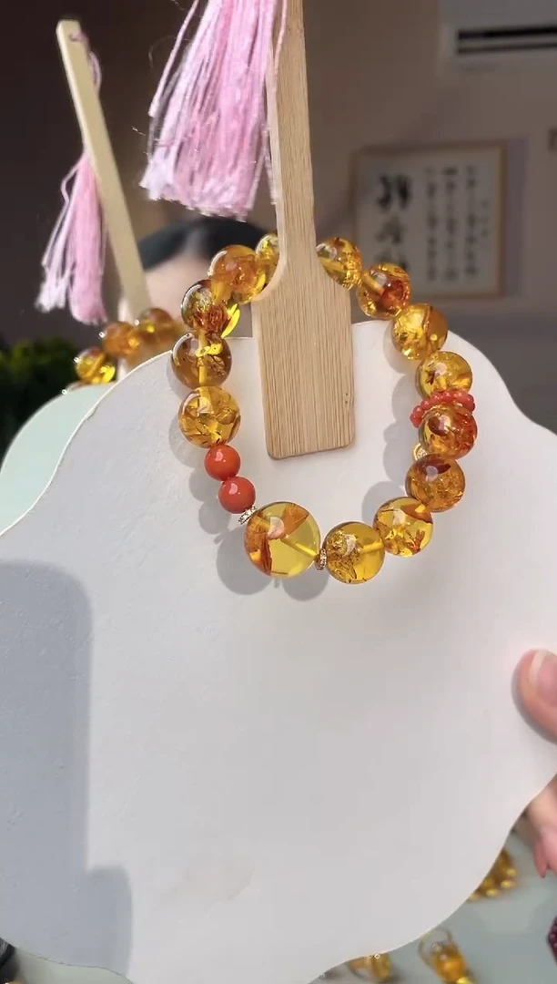 裸石琥珀未镶嵌花珀圆珠手串设计款