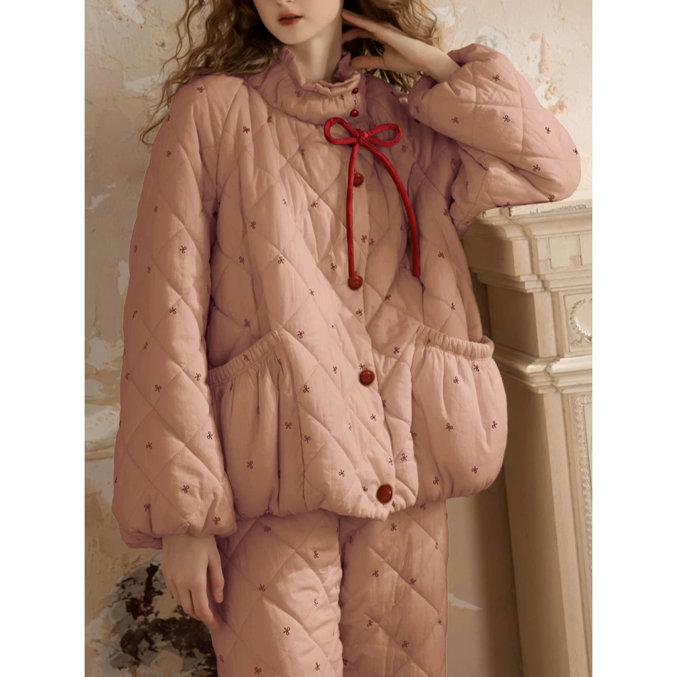 简约蝴蝶结三层夹棉睡衣女冬季2025新款舒适加厚保暖家居服套装