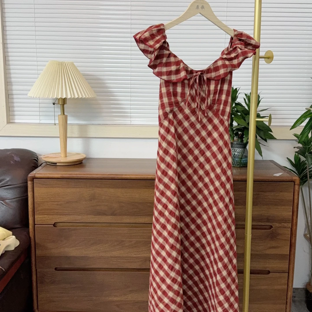 【原歌】夏季新款全棉气质复古无袖收腰一字肩长裙女YG734