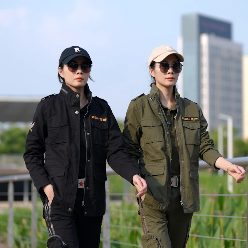 【J1176】帅气收腰抽绳工装风衣外套女刺绣中长款加厚束脚夹克