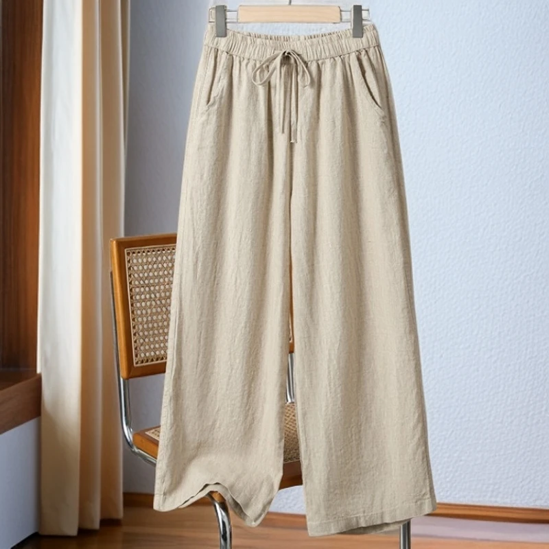 外贸尾单棉麻阔腿裤女2025夏季薄款垂感高腰直筒显瘦九分休闲裤子
