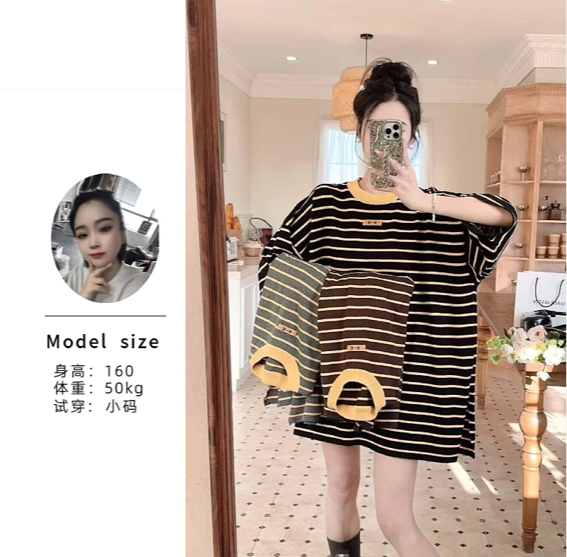【倩倩】新款宽松百搭显瘦休闲气质时尚韩版条纹针织圆领女士上衣