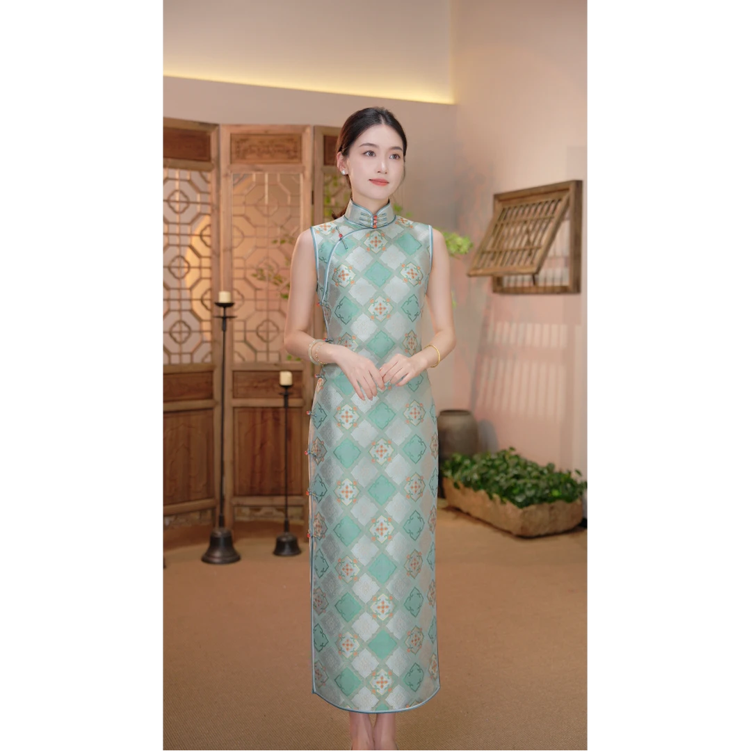 【辞青】良辰媄锦全开襟带里衬桑蚕丝宋锦手工旗袍长约130CM