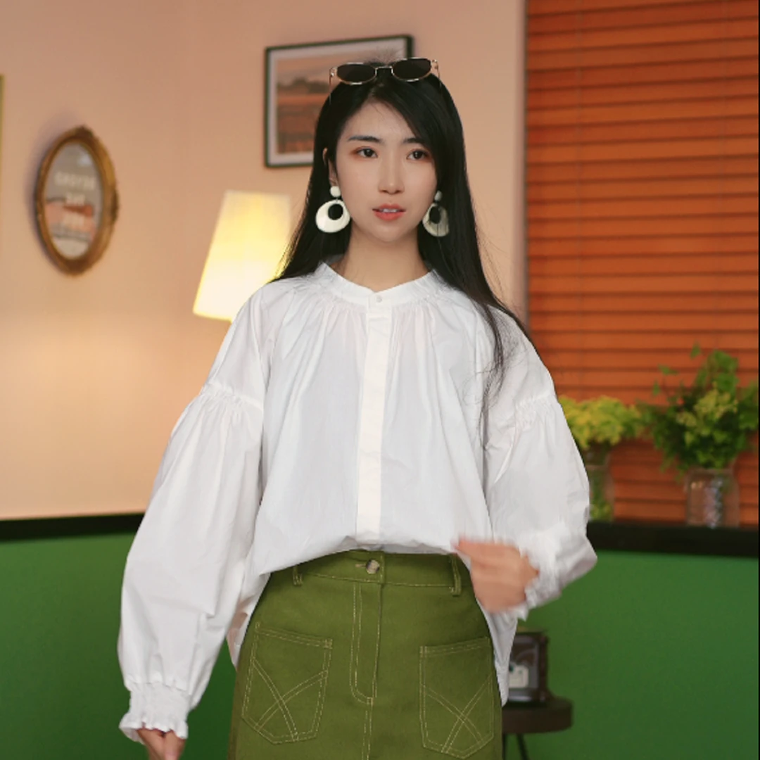 港风纯色长袖衬衫宽松显瘦气质复古设计感百搭白色衬衣