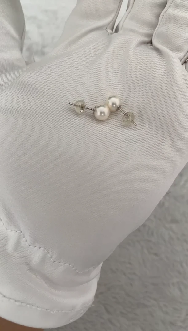 银S925镶嵌海水珍珠耳钉AK素钉6.5-7mm