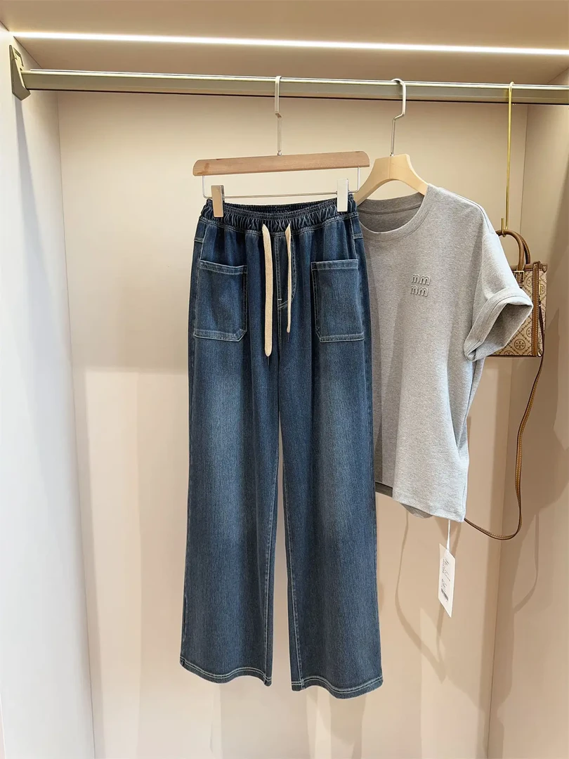 想焊在腿上的牛仔裤！垂坠感抽绳松紧高腰阔腿牛仔裤