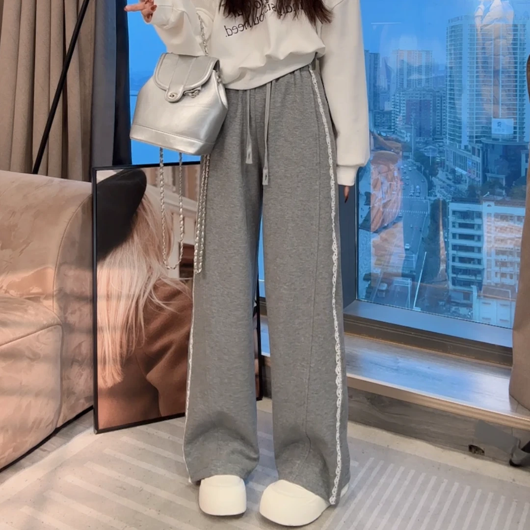 春秋新款设计感蕾丝拼接高腰休闲裤女时尚百搭宽松显瘦阔腿卫裤潮