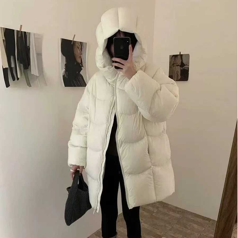 hello家连帽新国标90绒RDS认证茧型气凝胶中长款白鸭绒羽绒服女