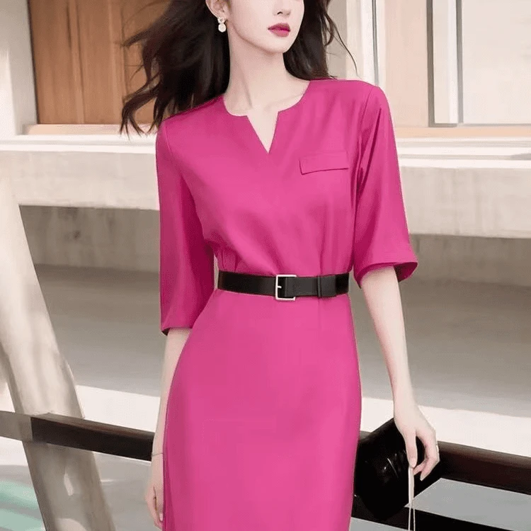 春气质名媛高端女神范时尚潮流今年流行爆款玫红色连衣裙