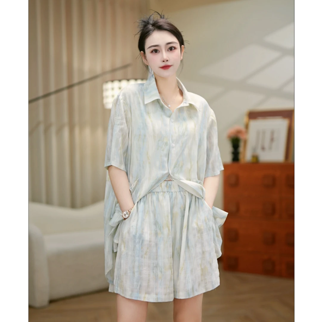 夏季女士衬衫套装新款时尚衬衫宽松加大码女装套装两件套