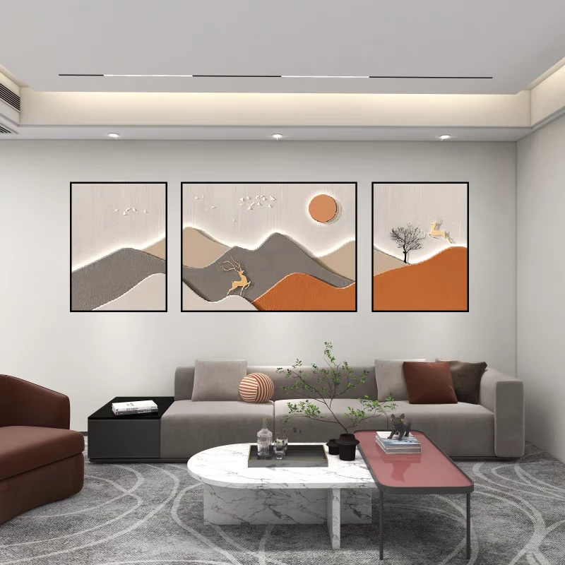 客厅装饰画轻奢高级感沙发背景墙挂画现代简约高档大气三联画立体