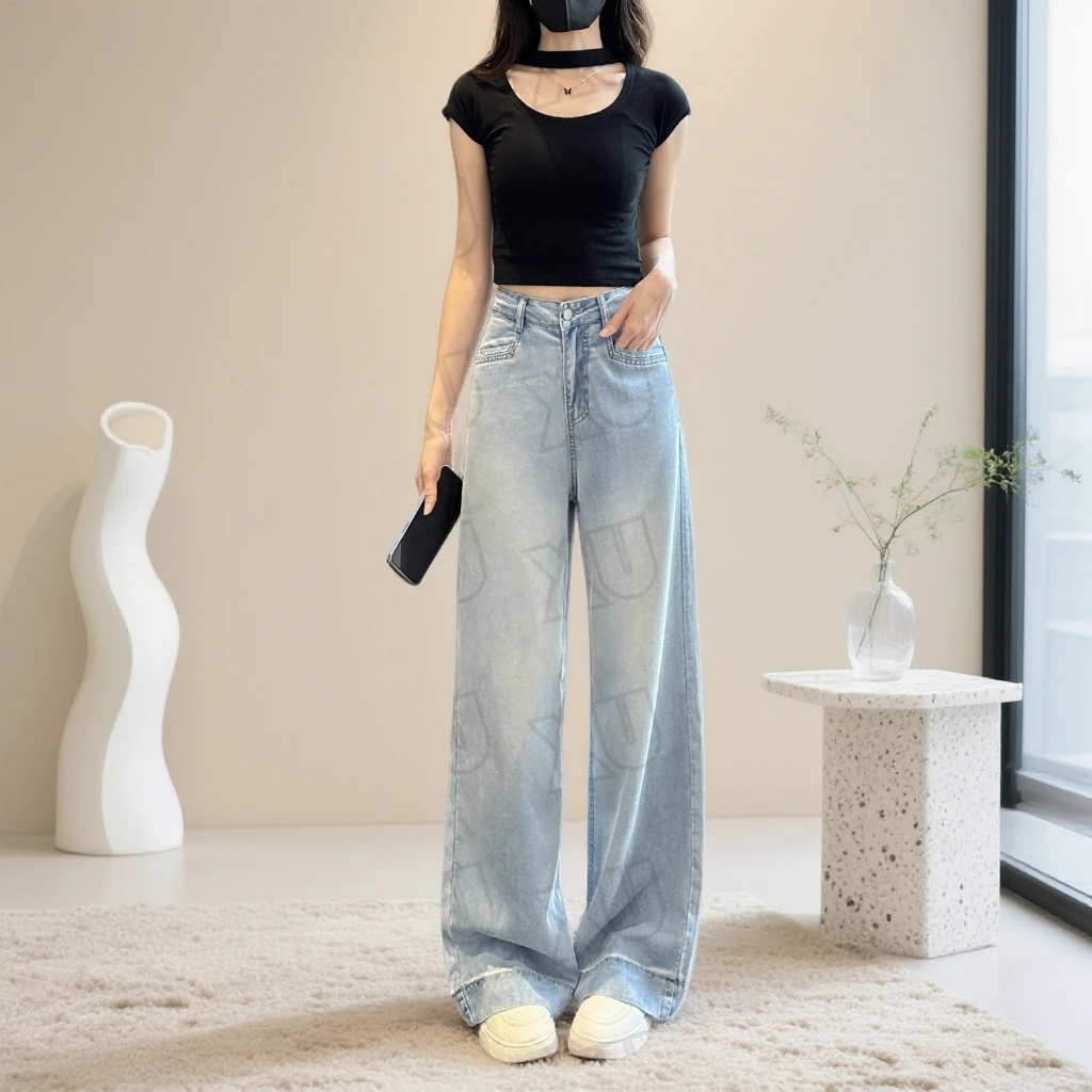 莱赛尔牛仔裤女高腰夏季薄款显瘦直筒冰丝垂感窄版阔腿裤子