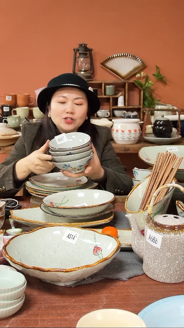 陶瓷A687 四只手绘柿子斗笠碗瑕疵14.5*5