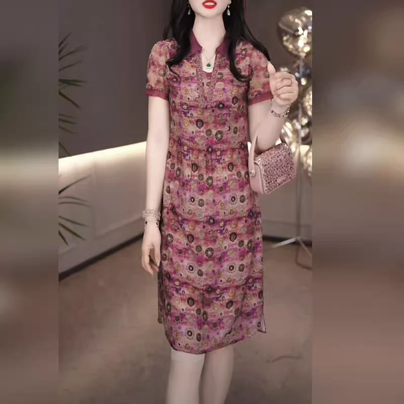 洋气减龄花萝缎时尚收腰显瘦裙子2025显瘦短袖连衣裙夏季新款遮肉