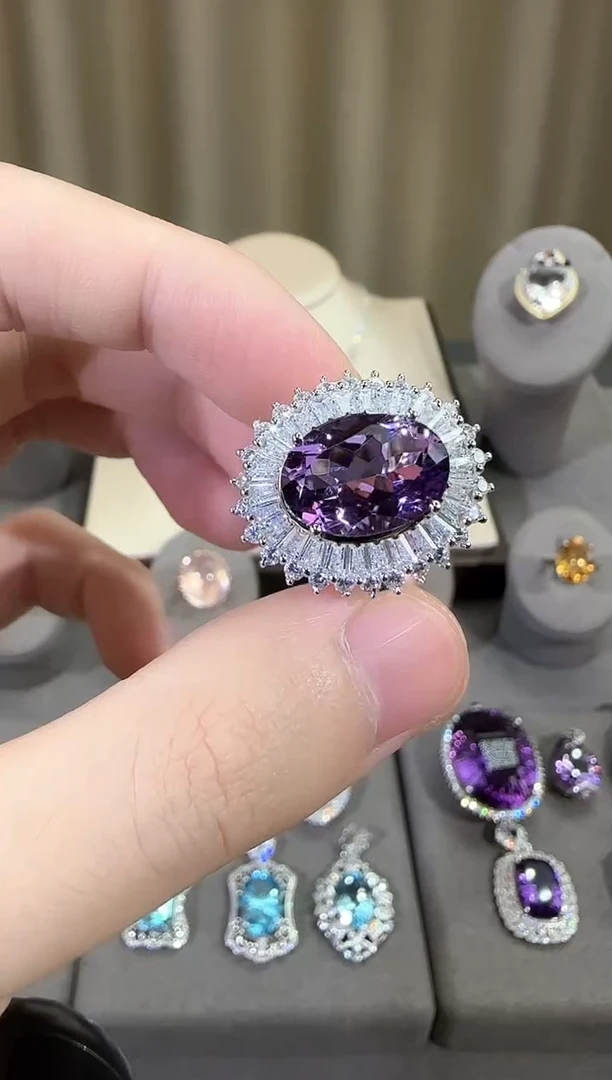 银S925镶嵌戒指紫晶10*14mm戒指豪镶设计款