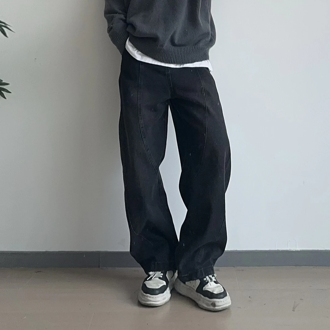 盘鹏飞 阔腿水洗牛仔裤男春款复古弯刀裤做旧分割设计宽松休闲裤