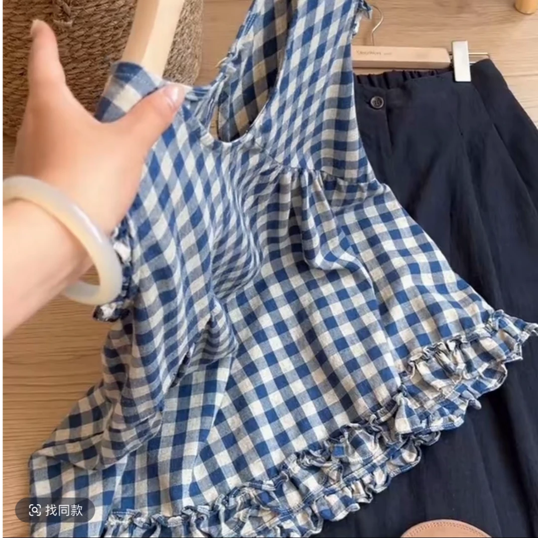 夏季色织木耳边宽松凉快背心舒适文艺无袖上衣女