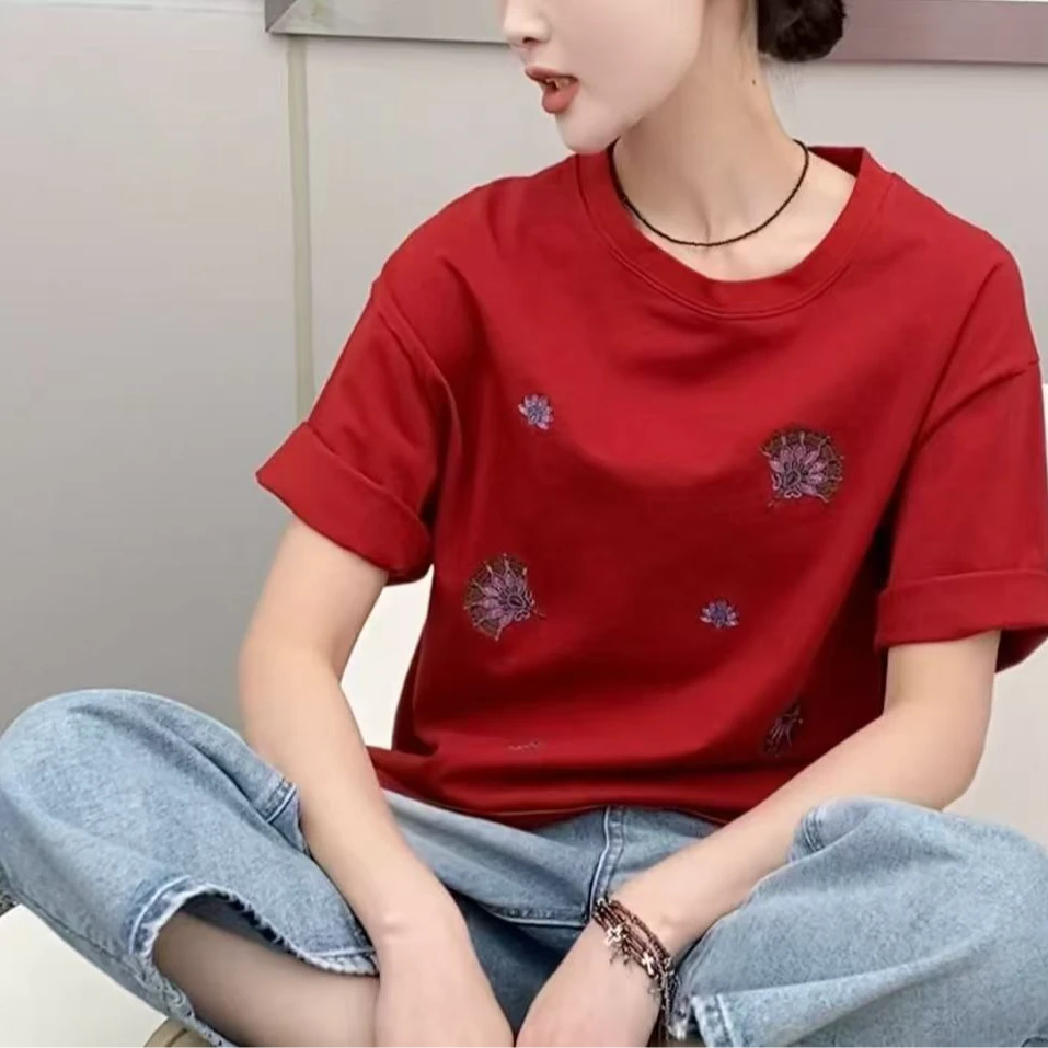 2423-ZF拼色圆领印花短袖做旧极简风T恤运动红色春夏简约ins夏季