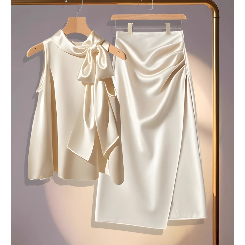 气质温婉风套装法式蝴蝶结无袖温柔感上衣洋气开叉半身裙两件套装