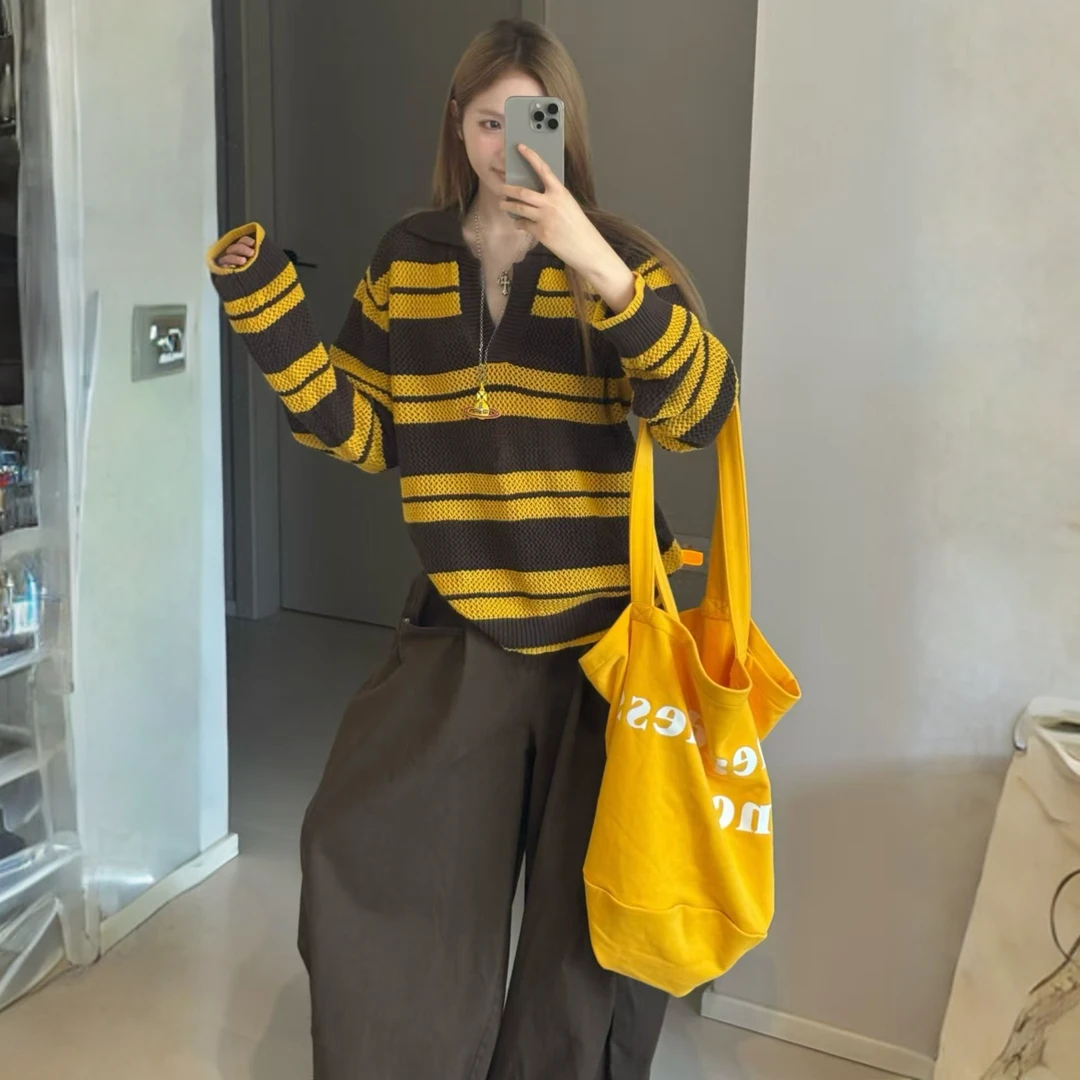 韩系撞色镂空针织衫女早秋新款百搭宽松polo领条纹套装上衣女复古