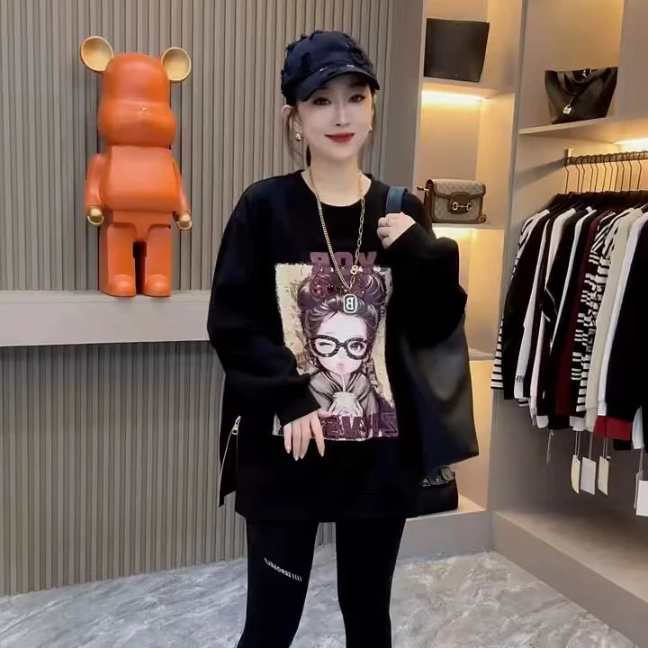 加绒加厚重工宽松卫衣女--衣长约69